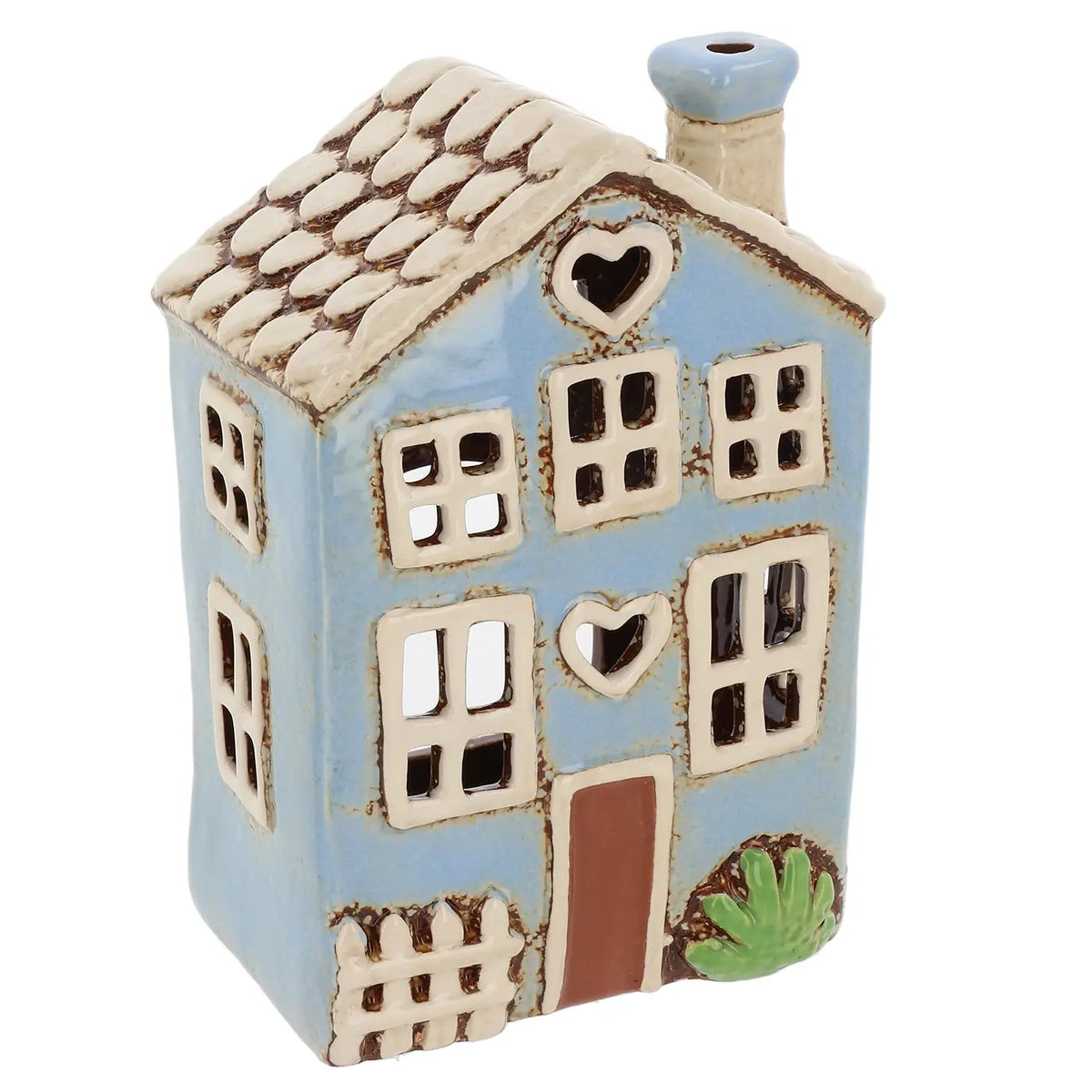 Village Poterie - Bougeoir en forme de maison cœur bleue