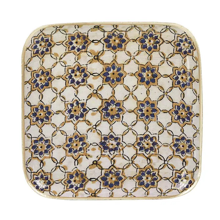 PLATEAU METAL ÉMAILLÉ ZELLIGE BLEU 16X16 BORDURE DORÉE