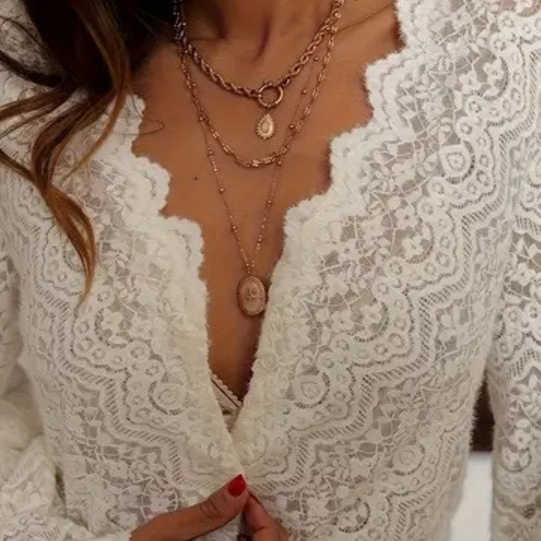 Blouse à Col en V en Dentelle - Festonnée