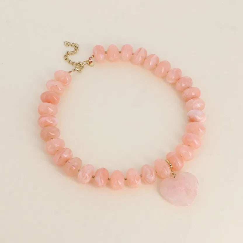 Collier Perle Résine - Coeur Rose