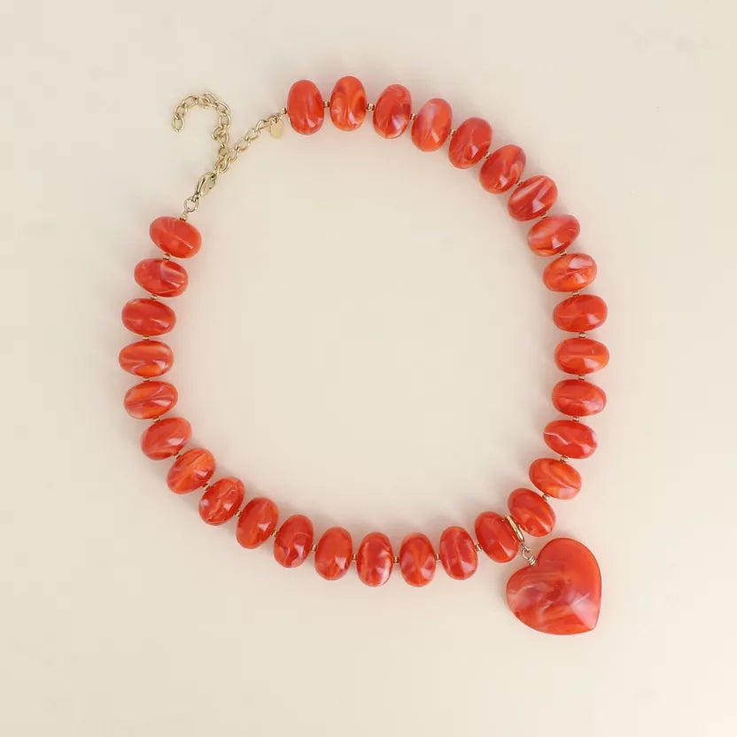 Collier Perle Résine - Coeur Orange