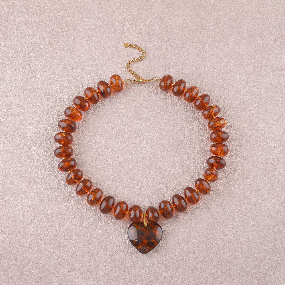 Collier Coeur - Ambre et Léopard