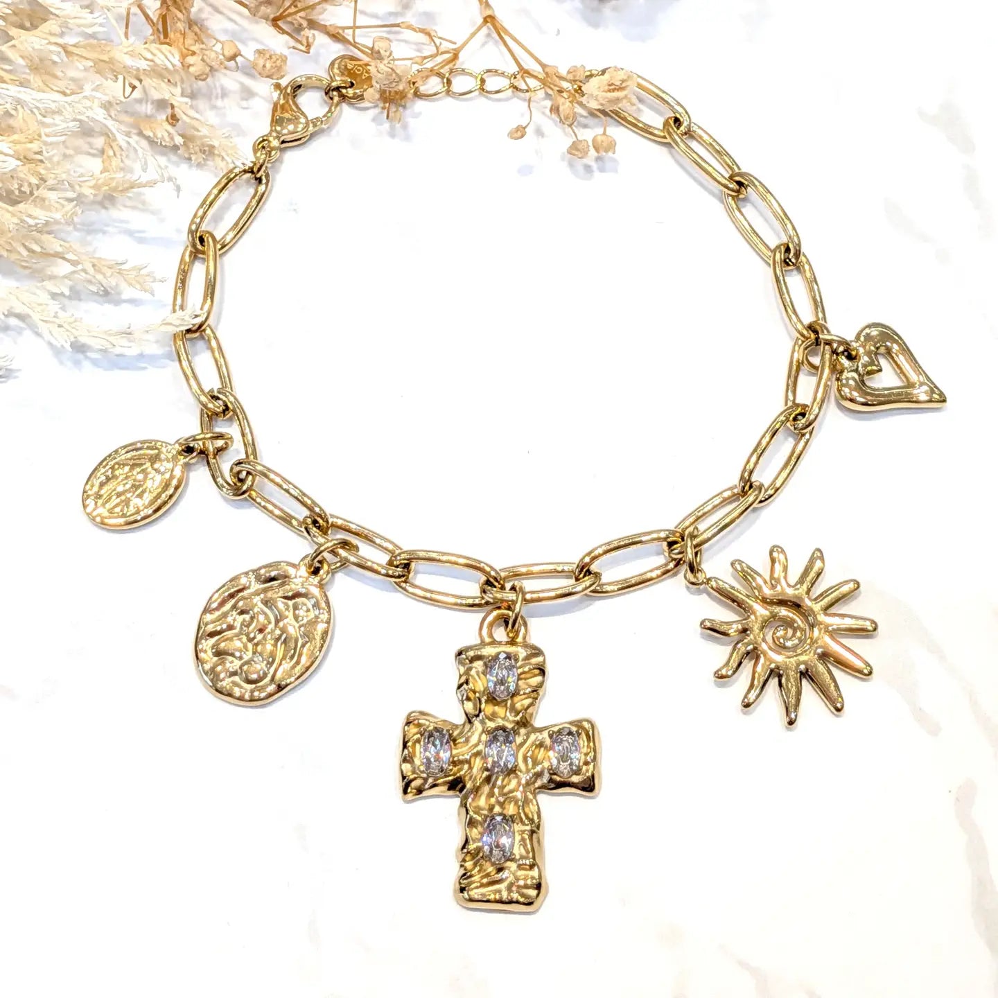 BRACELET CROIX PAMPILLE SOLEIL COEUR  PLAQUE ACIER INOXYDABLE
