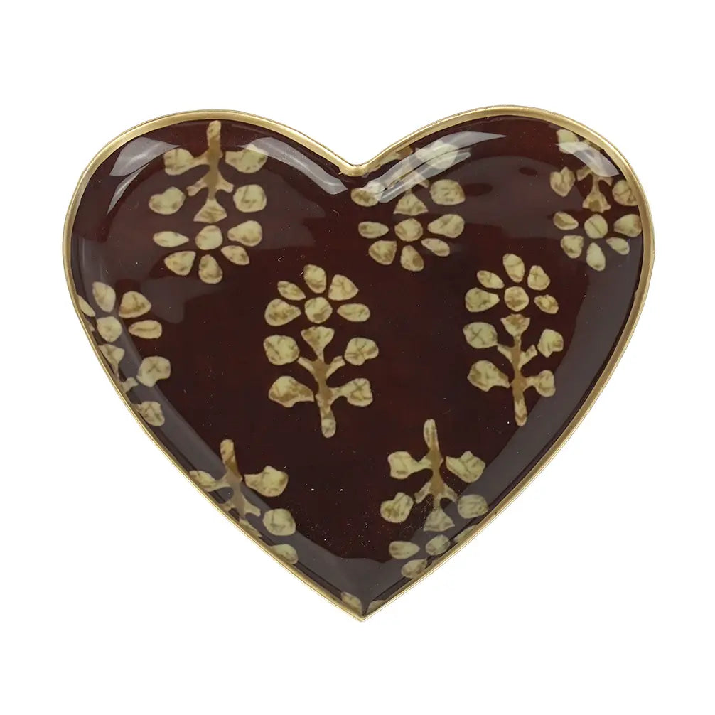 PLATEAU COEUR METAL EMAILLE ACAJOU 15X15  BORDURE DOREE