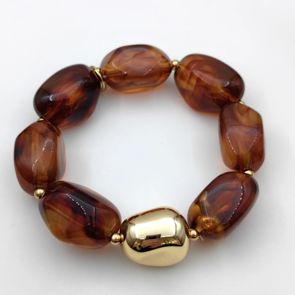 BRACELET ELASTIIQUE - Perle ambre et Doré