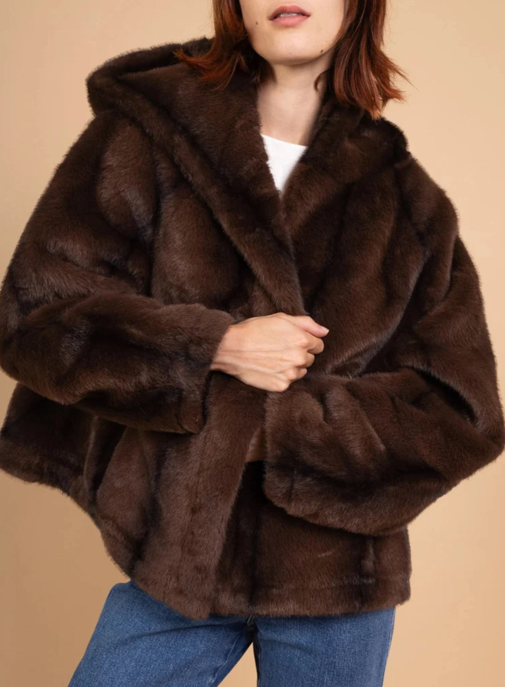 BLOUSON FOURRURE CAPUCHE MARRON ZEBRÉ TU
