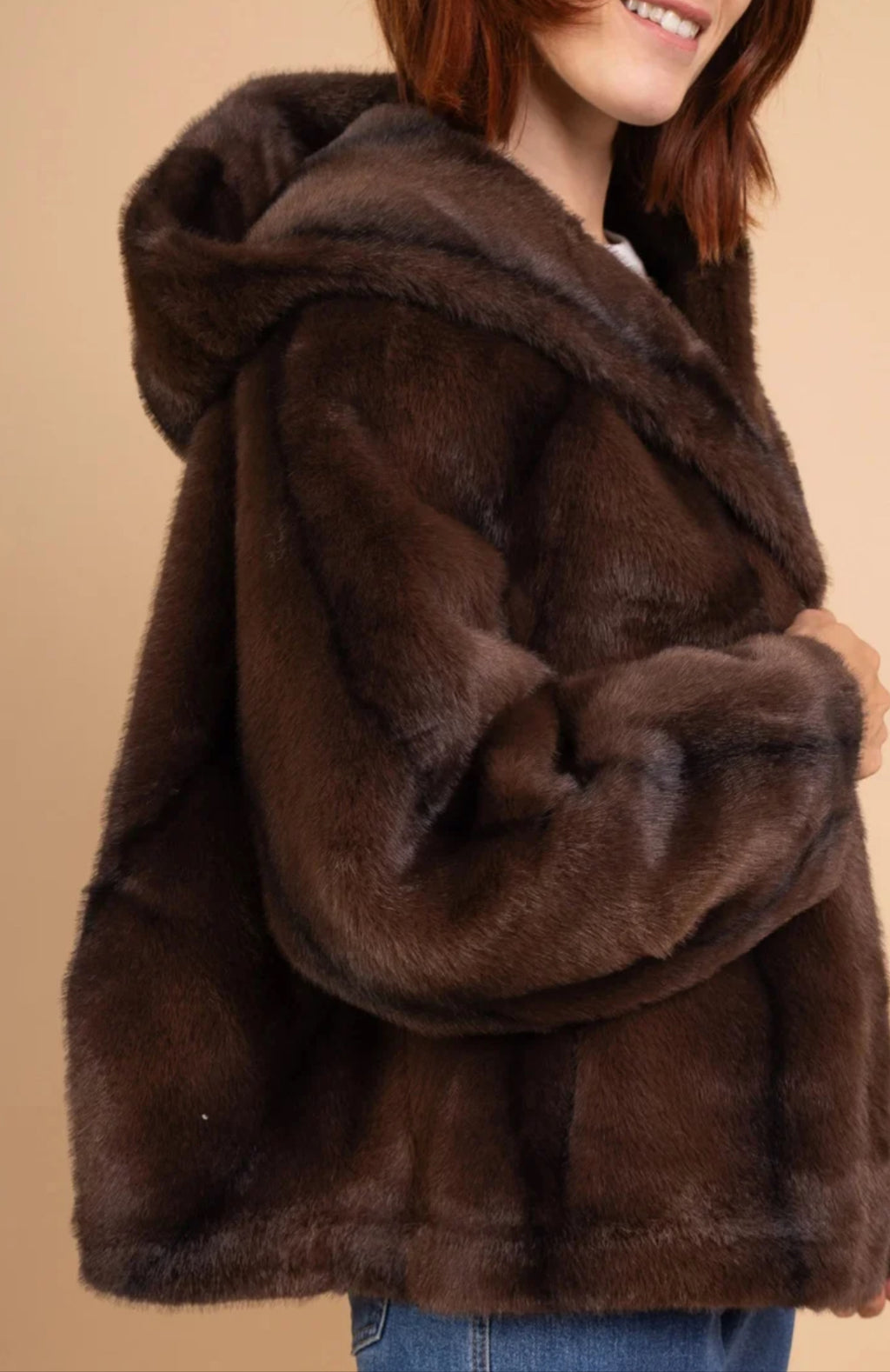 BLOUSON FOURRURE CAPUCHE MARRON ZEBRÉ TU