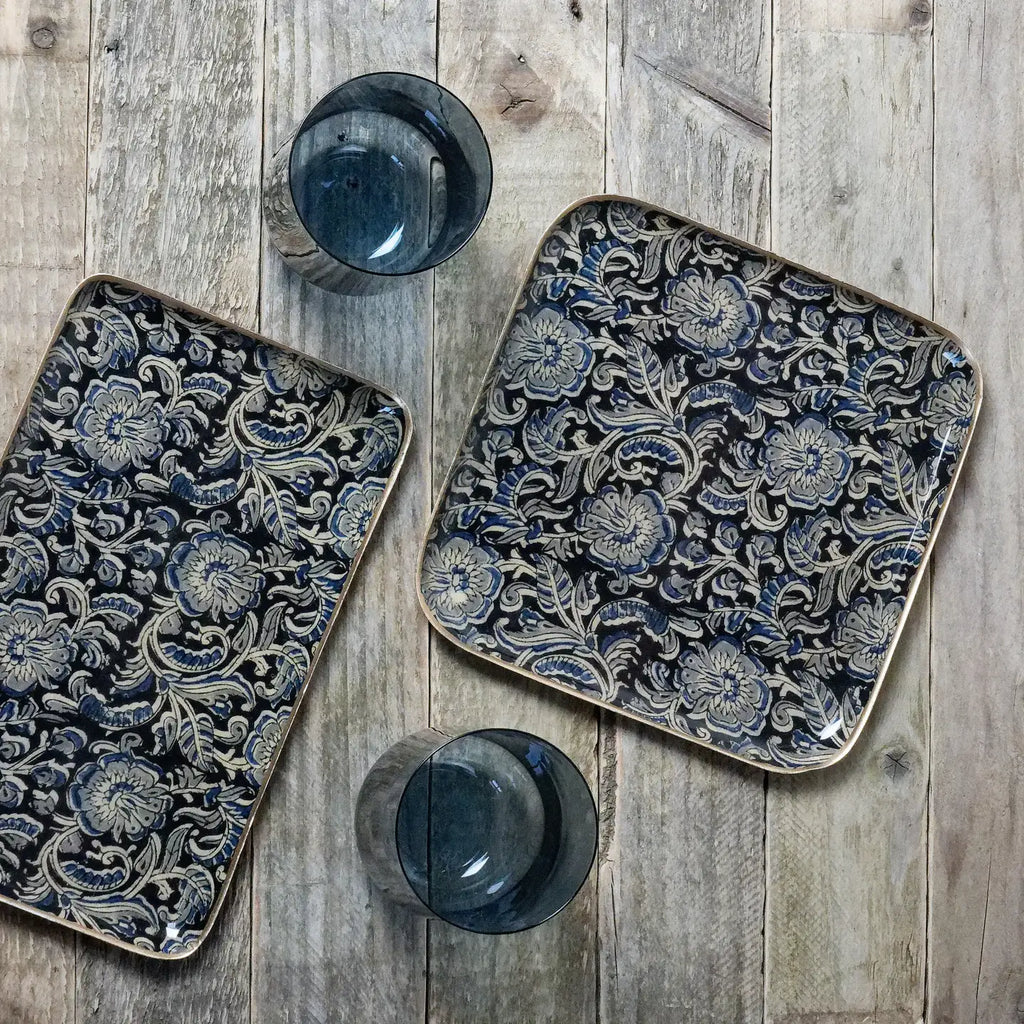 PLATEAU METAL ÉMAILLE KALAMKARI 10X15 BORDURE DORÉE