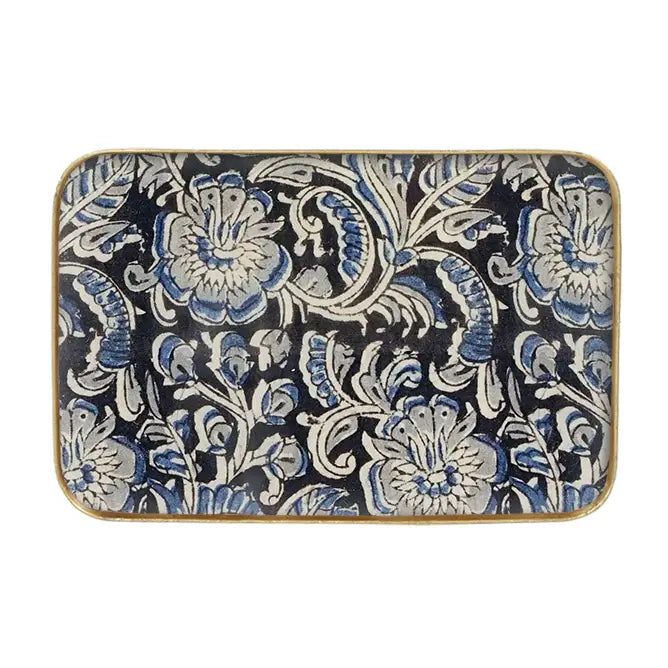 PLATEAU METAL ÉMAILLÉ KALAMKARI 15X25 BORDURE DORÉE