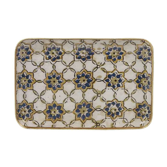 PLATEAU METAL ÉMAILLÉ ZELLIGE BLEU 10X15 BORDURE DORÉE