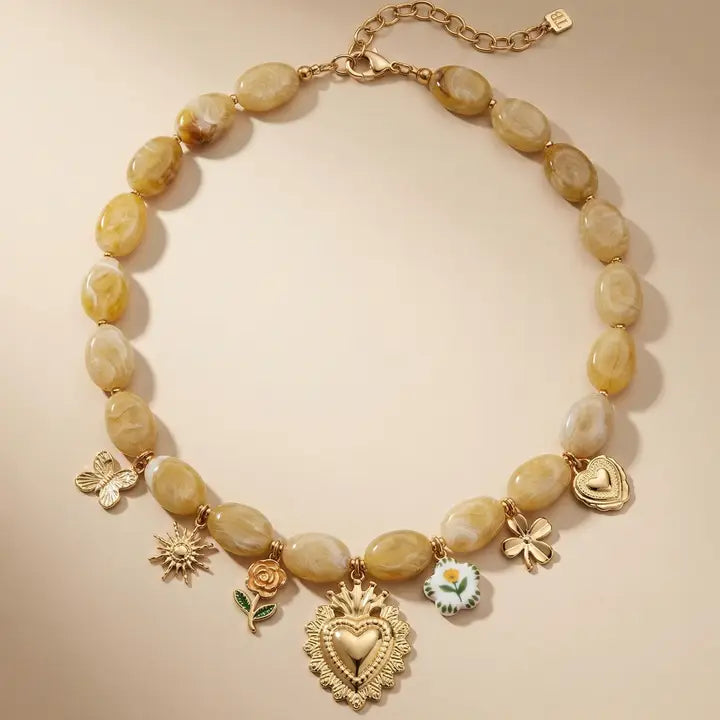 Collier - Perle beige et pampilles doré