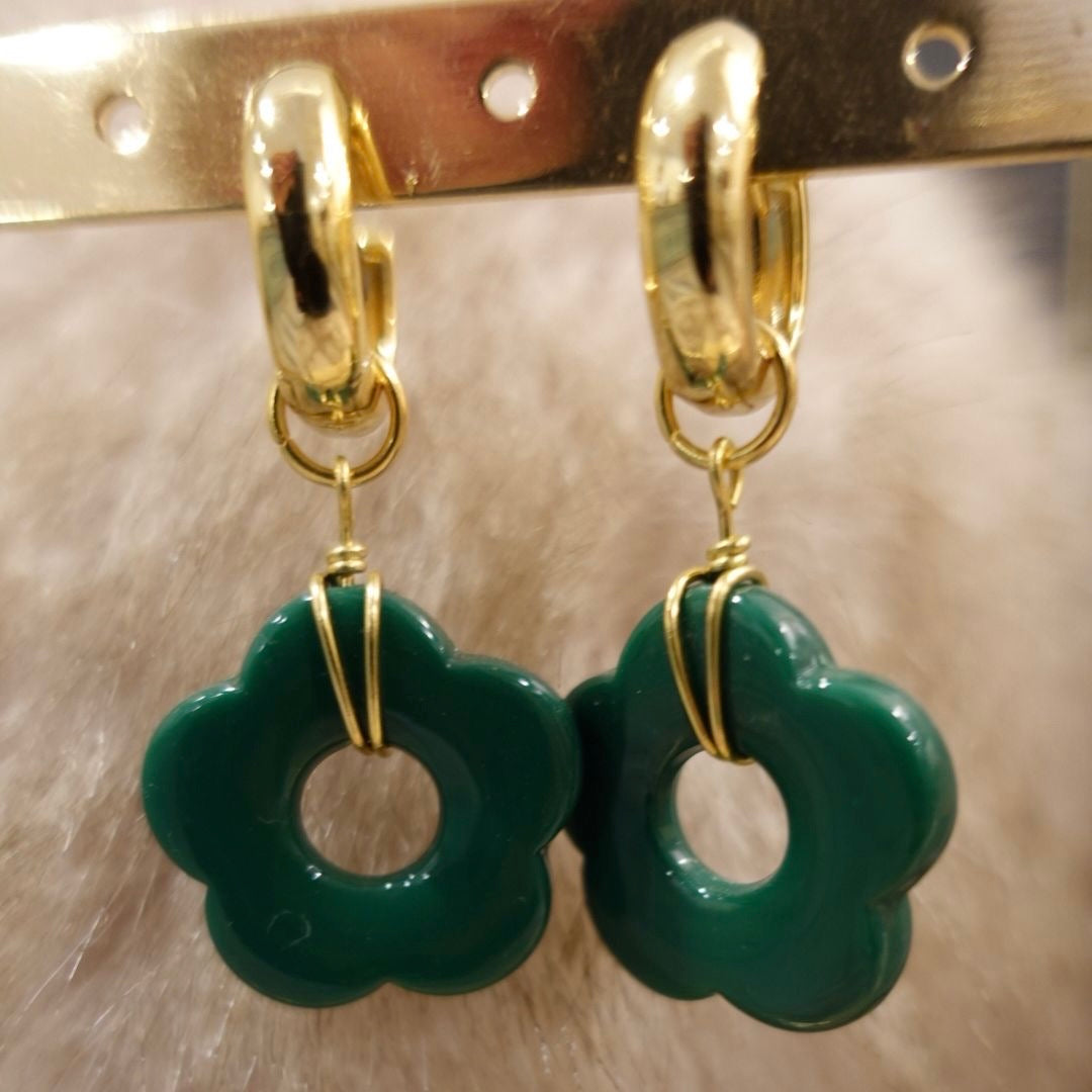 BOUCLE  D'OREILLES - Fleur Verte