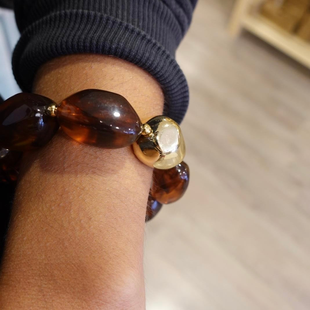 BRACELET ELASTIIQUE - Perle ambre et Doré