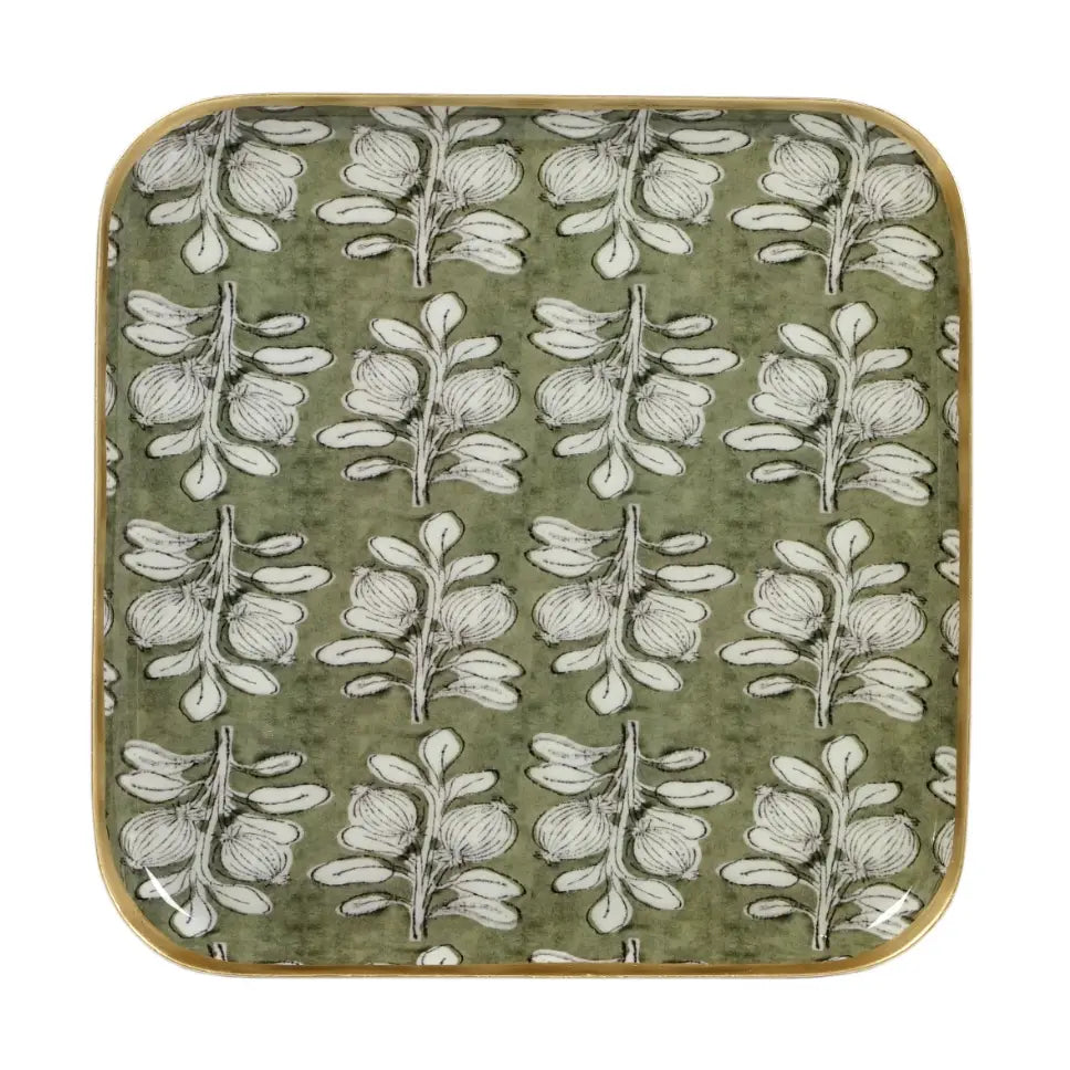 PLATEAU METAL EMAILLE ALHAMBRA OLIVE 16X16 BORDURE DOREE